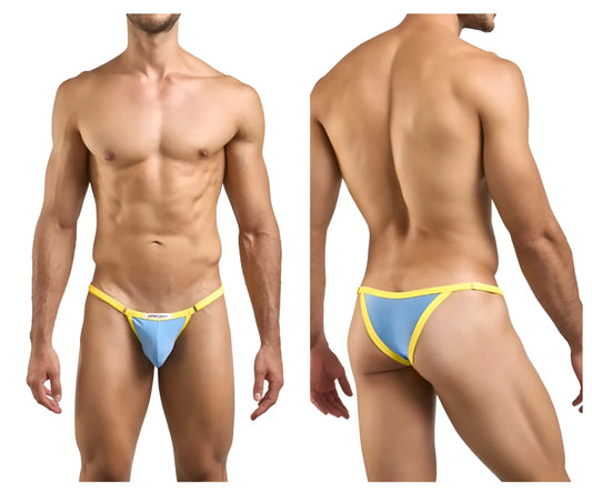 Justin simon xsj12 baby blue bikini thong with thin elastic waistband in blue and yellow for swimwear use