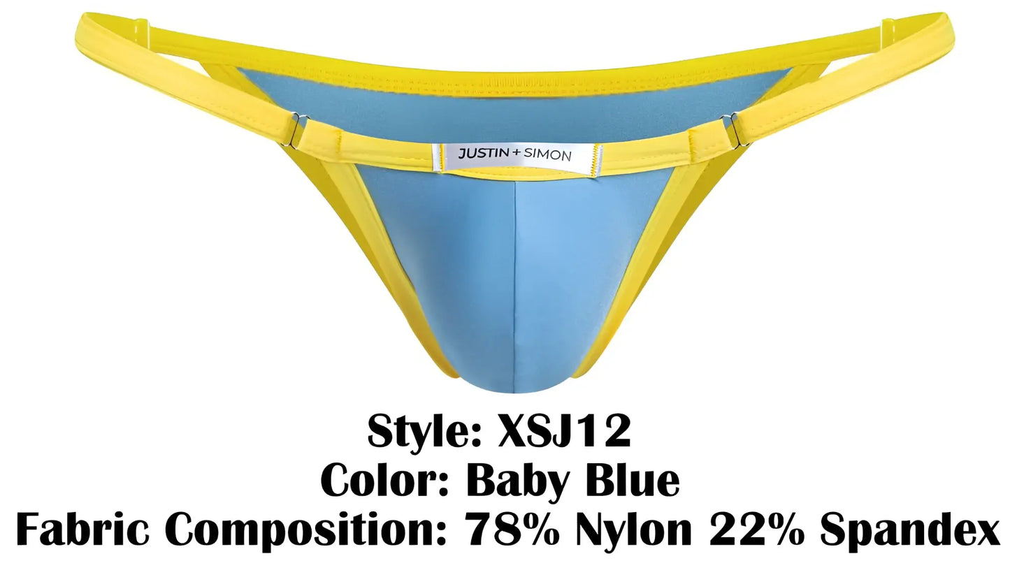 Baby blue and yellow bikini thong with justin plus simon brand label from the justin plus simon xsj12 collection