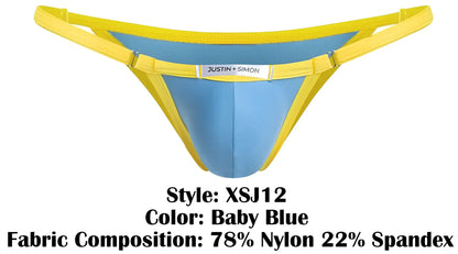 Baby blue and yellow bikini thong with justin plus simon brand label from the justin plus simon xsj12 collection