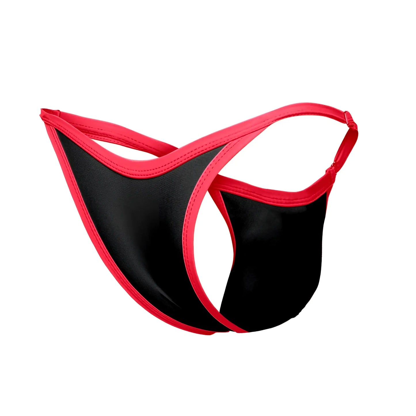Black and red satin thong bikini by Justin Simon with a sleek minimalist design in one color black