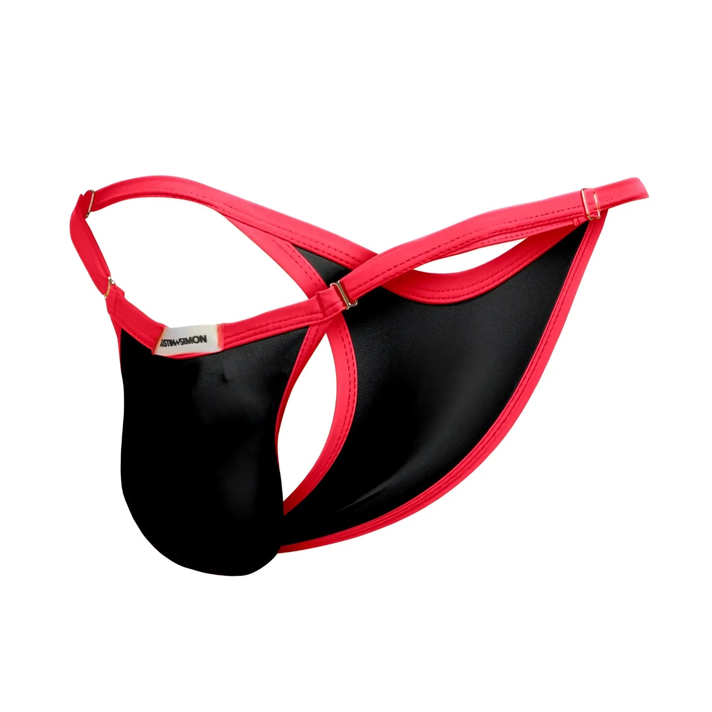 Justin+Simon XSJ12 bikini black thong with shiny smooth fabric body and bright pink contrasting straps