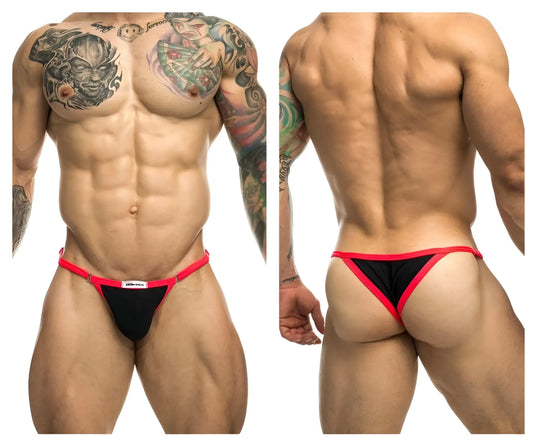 Black and red Justin Simon XSJ12 bikini thong with thin red trim along edges for stylish swimwear look