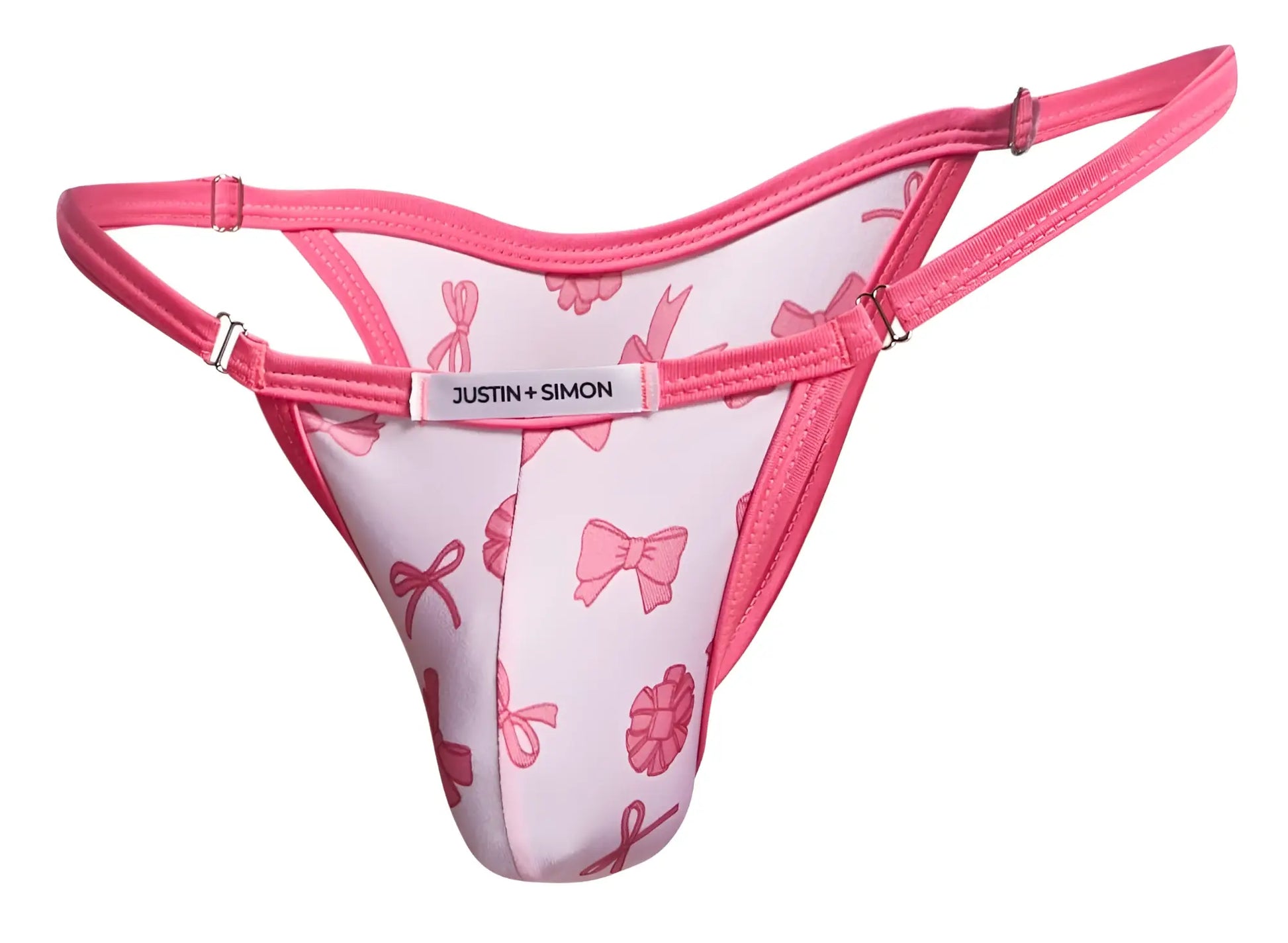 Pink bow-patterned thong bikini by justin + simon in coquette color showcasing back side details