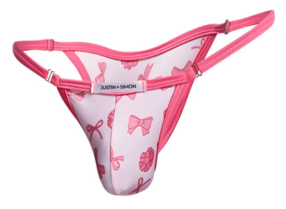 Pink bow-patterned thong bikini by justin + simon in coquette color showcasing back side details