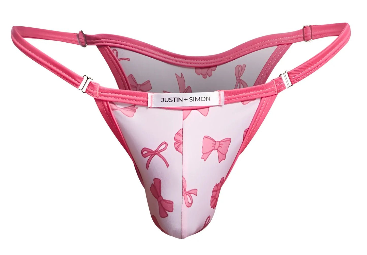 Pink bow-patterned thong bikini by justin + simon in coquette color perfect for stylish swimwear looks