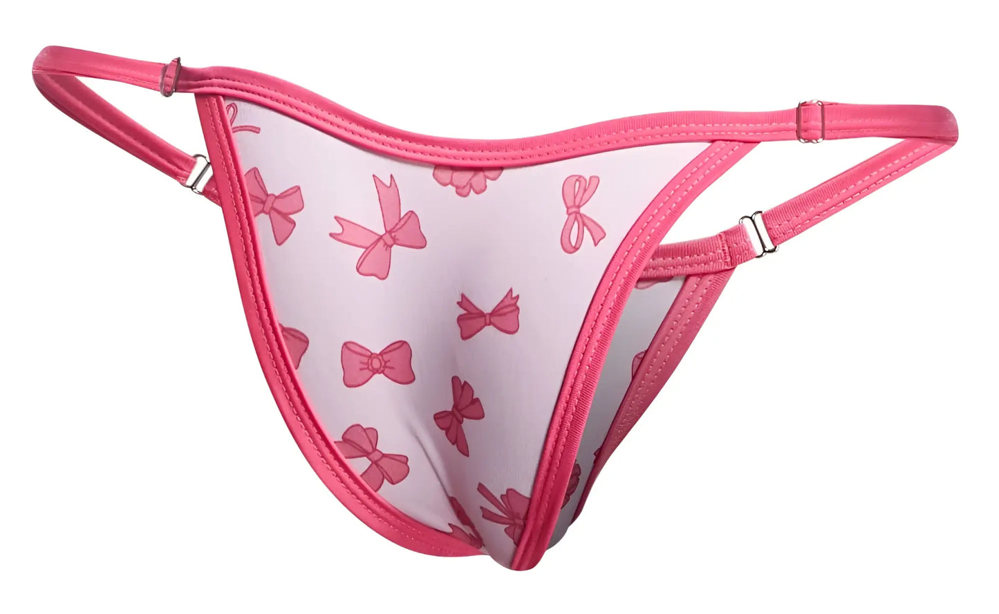 Pink bow-patterned thong bikini with matching pink trim and adjustable straps from justin+simon xsj12 coquette collection