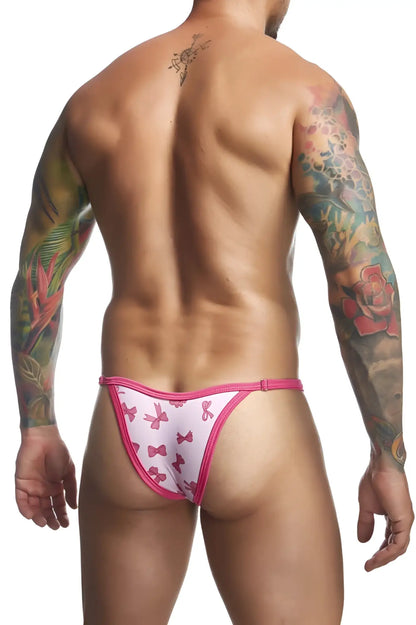 Justin simon xsj12 bikini color coquette pink and white bow patterned thong with bright pink trim