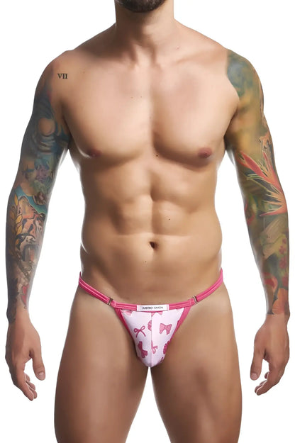 Justin+simon xsj12 bikini color coquette pink and white patterned men’s briefs with pink bow designs