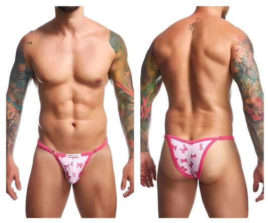 Pink and white patterned thong with pink ribbon motifs from justin simon xsj12 bikini color coquette collection