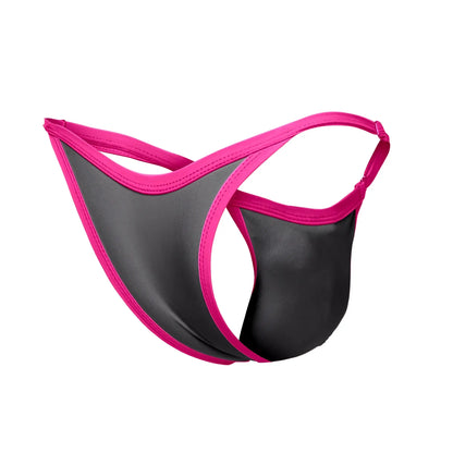 Black and pink shiny smooth thong from Justin+Simon XSJ12 bikini one color gray collection shown from the back side