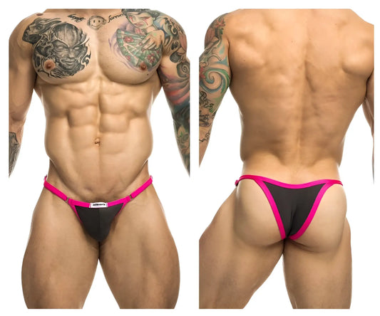 Black and pink thong bikini by justin simon with a small white brand tag on the front in one color gray style