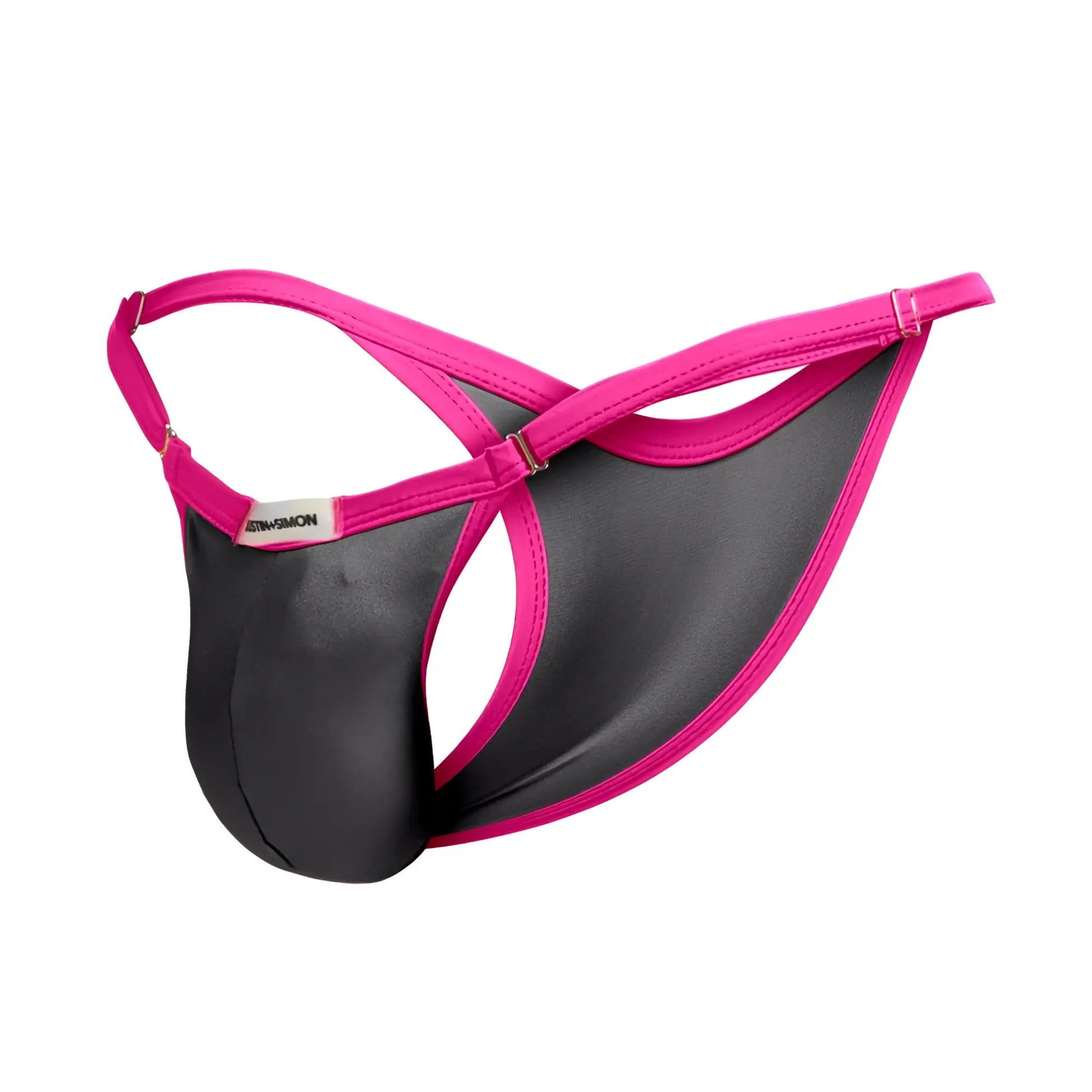 A vibrant pink and black justin simon xsj12 men’s thong with a satin finish and adjustable straps in gray
