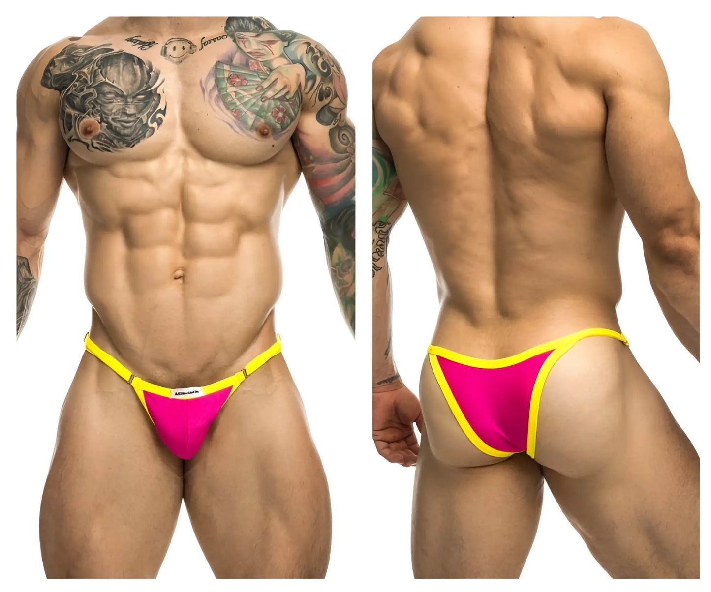 Justin simon xsj12 bikini bright pink thong with sleek yellow accents and form fitting design for swimwear use