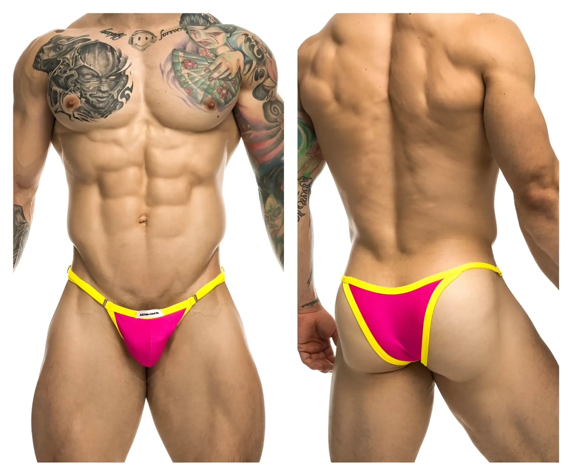 Justin simon xsj12 bikini bright pink thong with sleek yellow accents and form fitting design for swimwear use