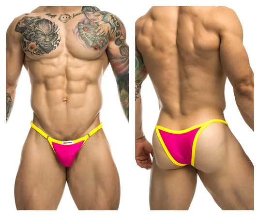Justin simon xsj12 bikini bright pink thong with sleek yellow accents and form fitting design for swimwear use