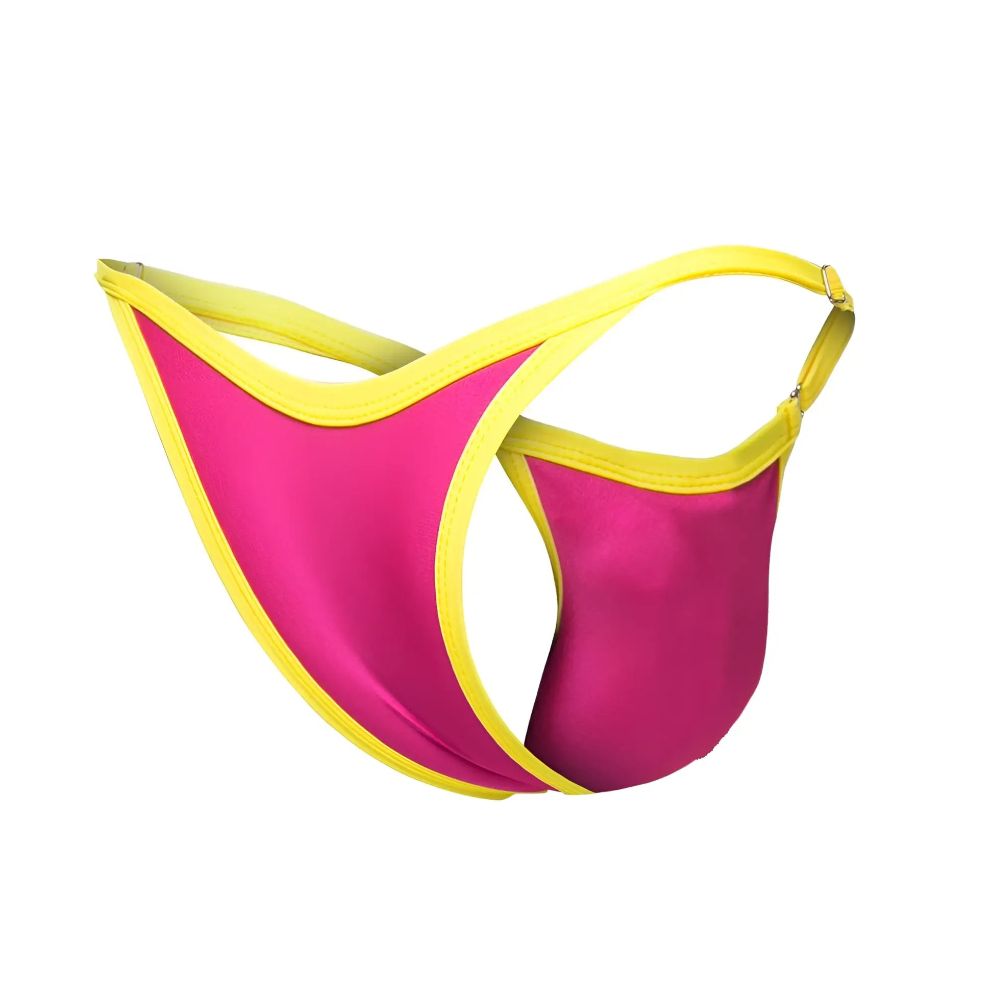 Justin+Simon XSJ12 bikini thong in vibrant fuchsia and yellow with a sleek satin finish in hot pink color