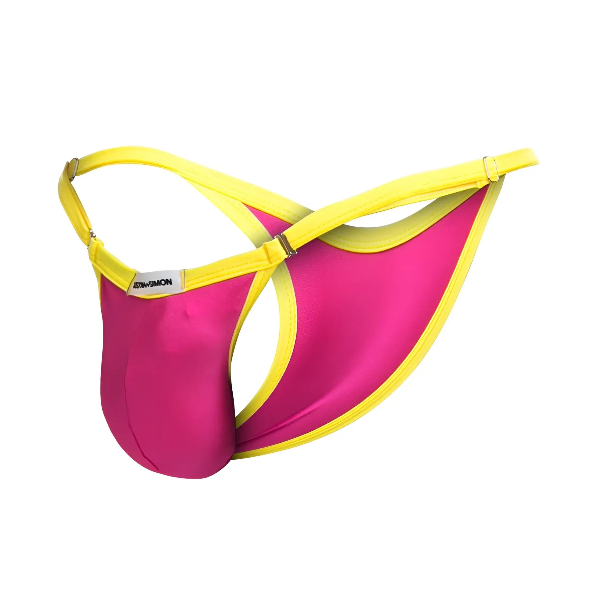 Vibrant pink and yellow justin simon xsj12 men’s thong with sleek satin finish in hot pink color