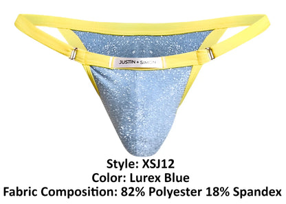 Lurex blue glittery thong bikini with bright yellow elastic waistband and justin simon brand label in front view