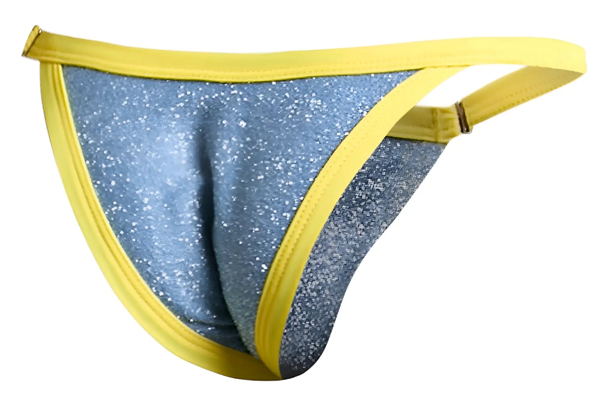 Justin Simon XSJ12 bikini blue glittery thong with bright yellow trim and elastic waistband in lurex material