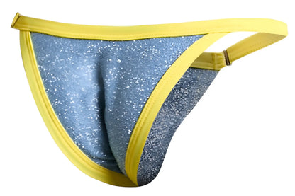 Justin Simon XSJ12 bikini blue glittery thong with bright yellow trim and elastic waistband in lurex material