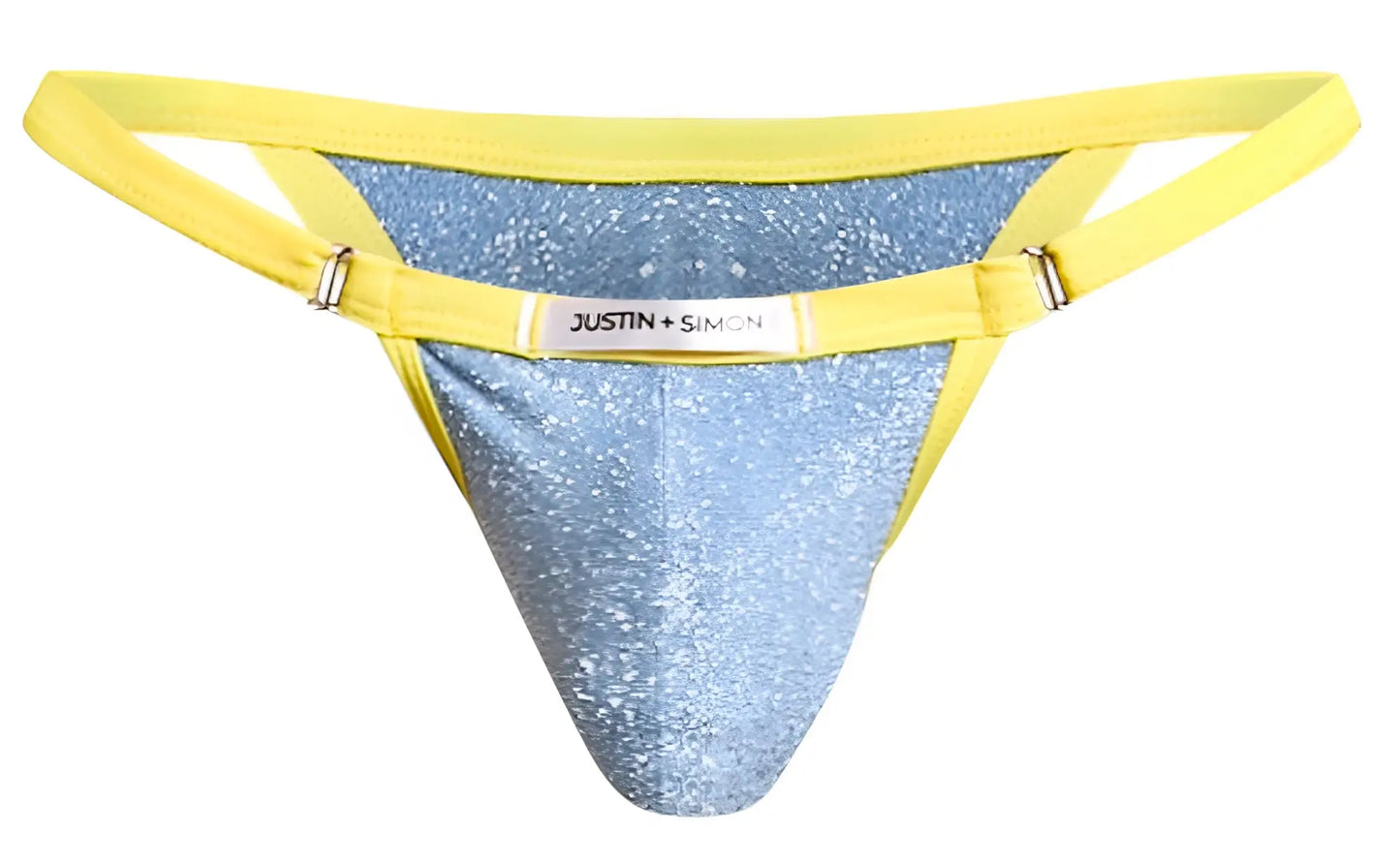 A shimmering light blue glittery lurex bikini thong with bright yellow elastic straps and a silver justin plus simon tag