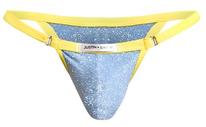 A shimmering light blue glittery lurex bikini thong with bright yellow elastic straps and a silver justin plus simon tag