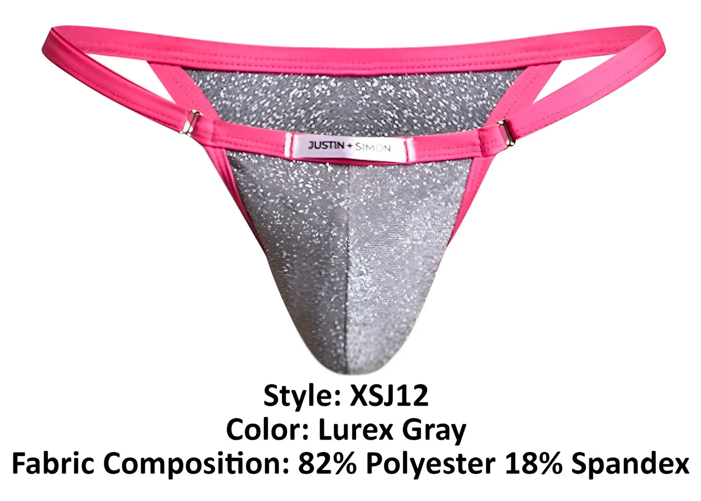 Lurex gray glittery thong bikini with vibrant pink trim and justin simon branded label in xsj12 style