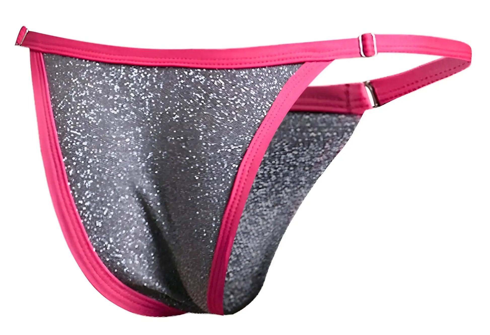 Justin plus Simon xsj12 bikini gray lurex thong with pink trim sparkly metallic sheen and adjustable side straps