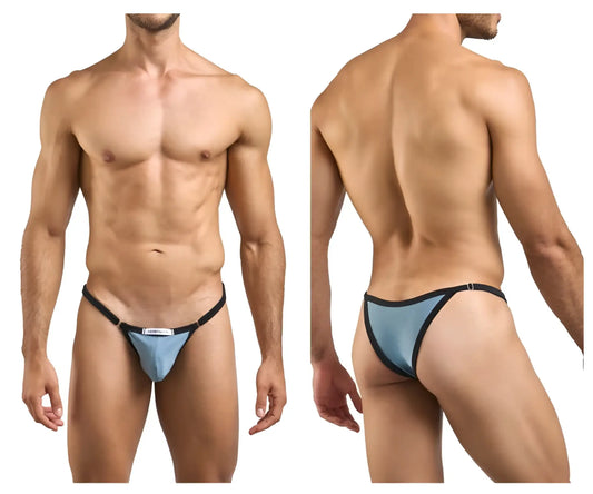 Light blue and black thong with sleek minimalist design from justin simon xsj12 bikini color metal green collection