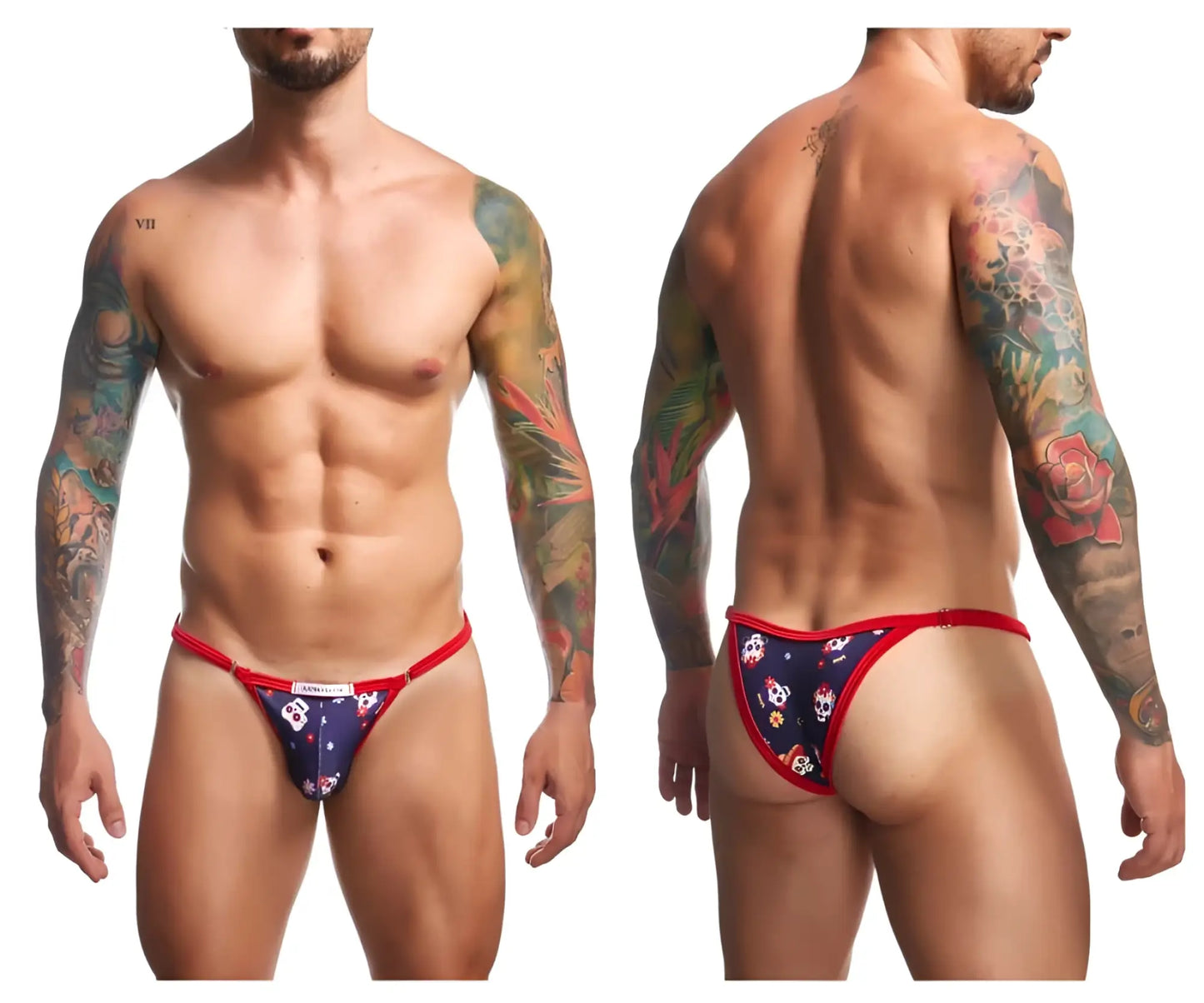 Navy blue and red patterned men’s thong bikini with skull design from JUSTIN SIMON XSJ12 bikini color mexico collection