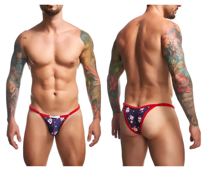 Navy blue and red patterned men’s thong bikini with skull design from JUSTIN SIMON XSJ12 bikini color mexico collection