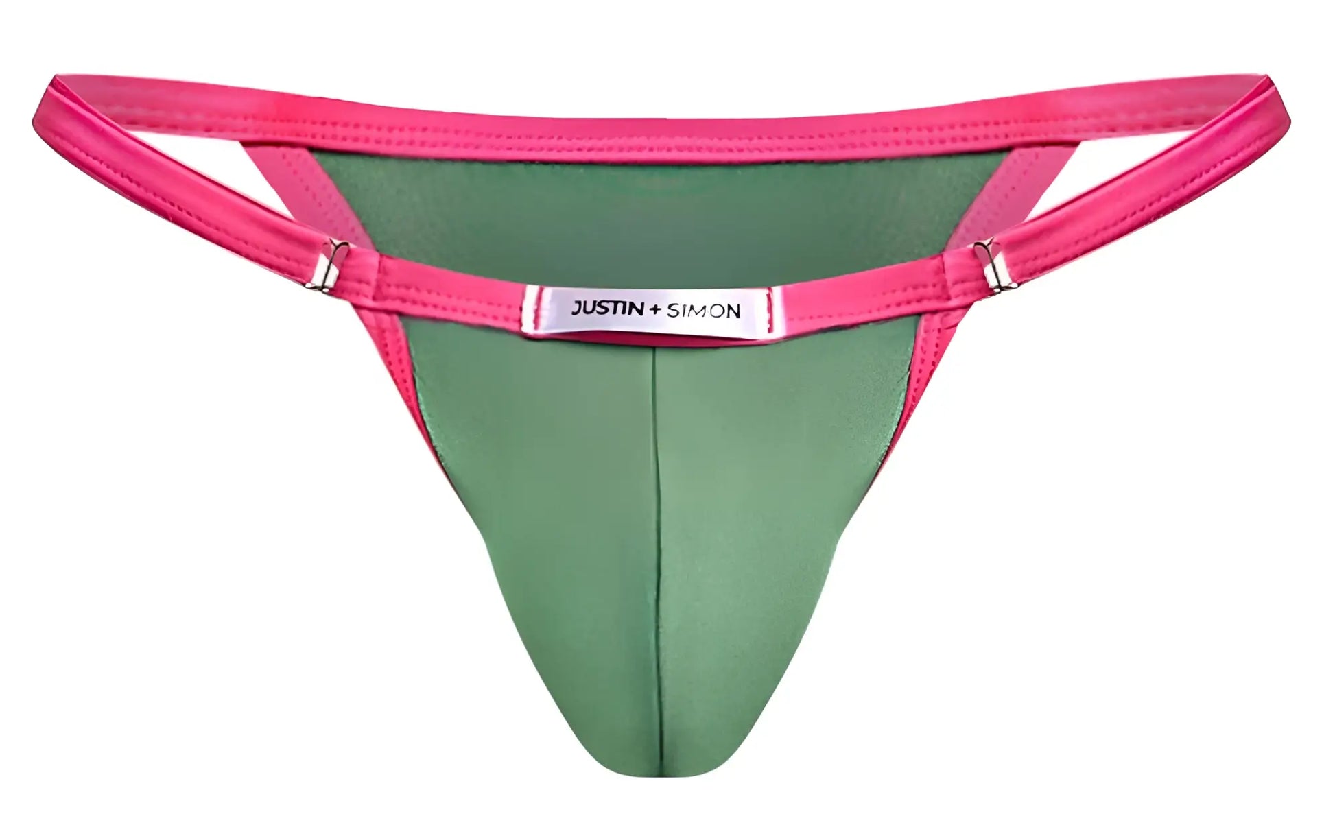 Bright pink and green thong bikini with silver-toned justin simon brand tag on waistband in new green color