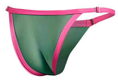 Green and pink thong bikini with shiny stretchy fabric and bright pink trim from justin simon xsj12 collection
