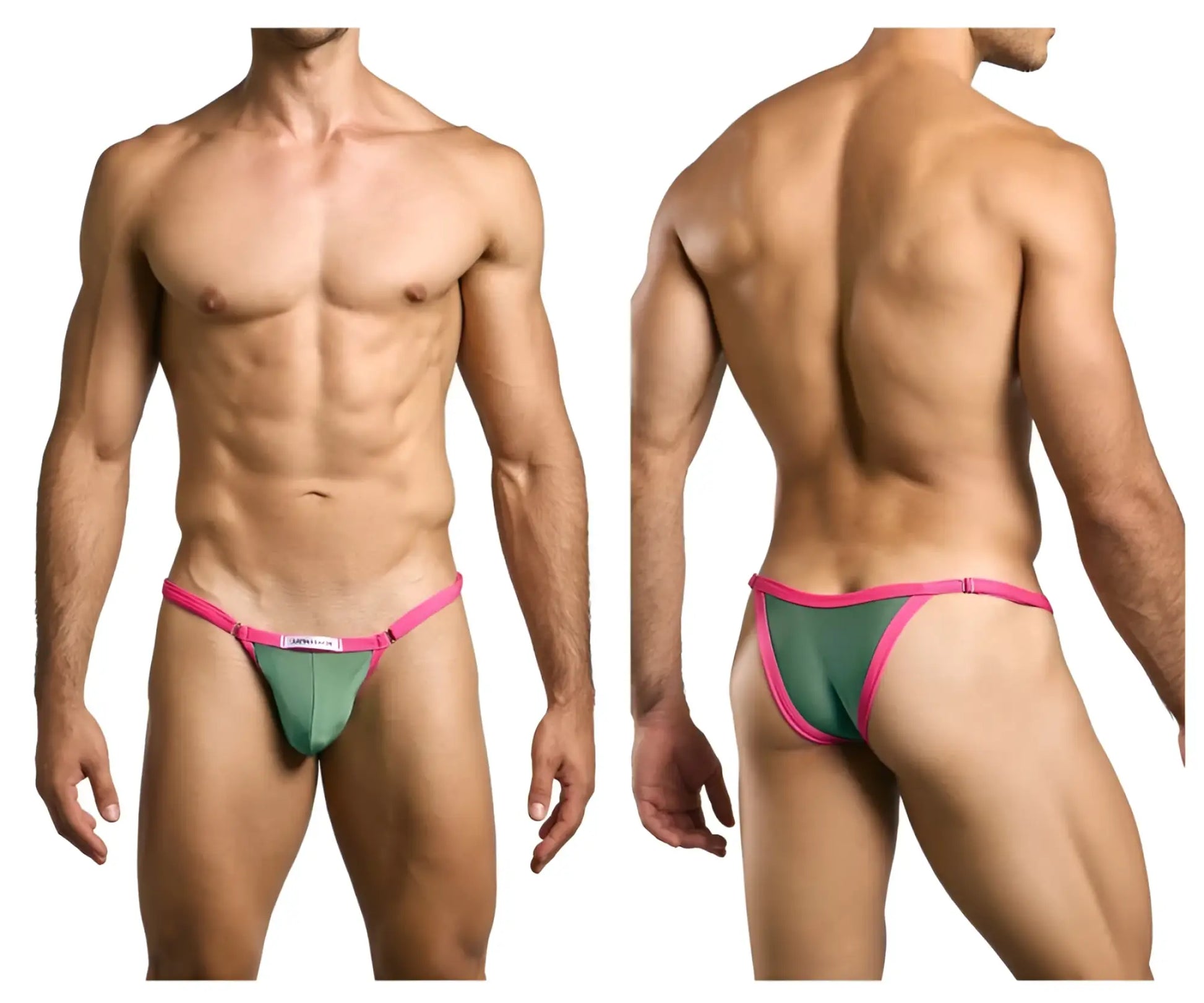 Green and pink thong bikini with small white logo on front band from justin simon xsj12 bikini color new green