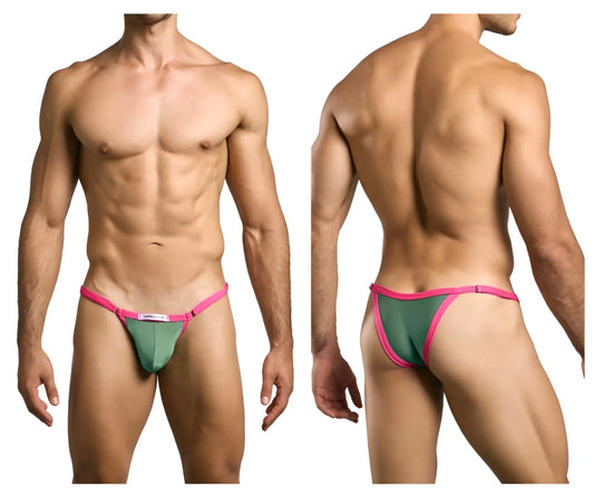 Green and pink thong bikini with small white logo on front band from justin simon xsj12 bikini color new green