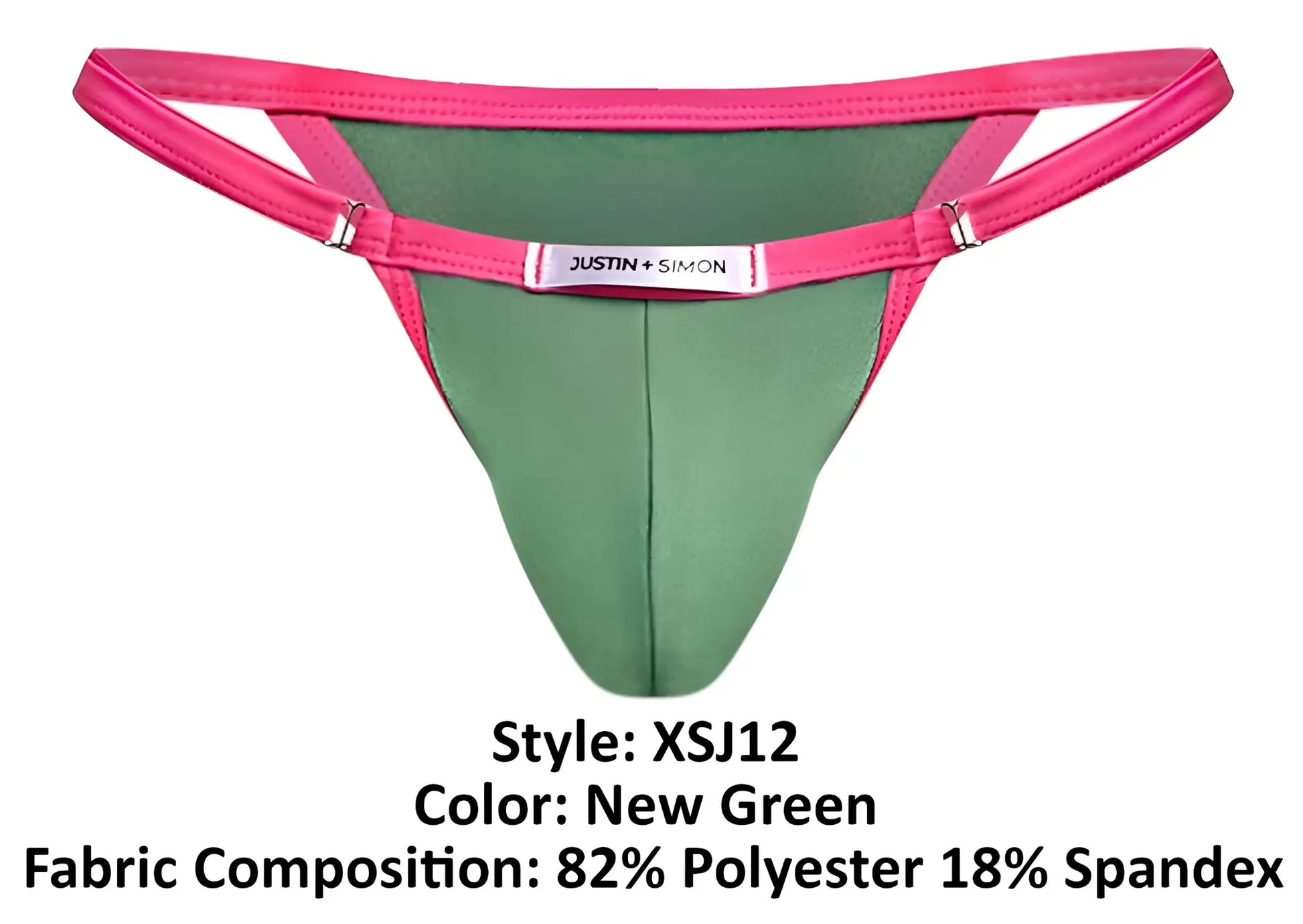 A vibrant pink and green justin simon xsj12 bikini thong with sleek design and metallic clasps in new green color