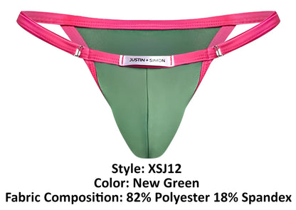 A vibrant pink and green justin simon xsj12 bikini thong with sleek design and metallic clasps in new green color