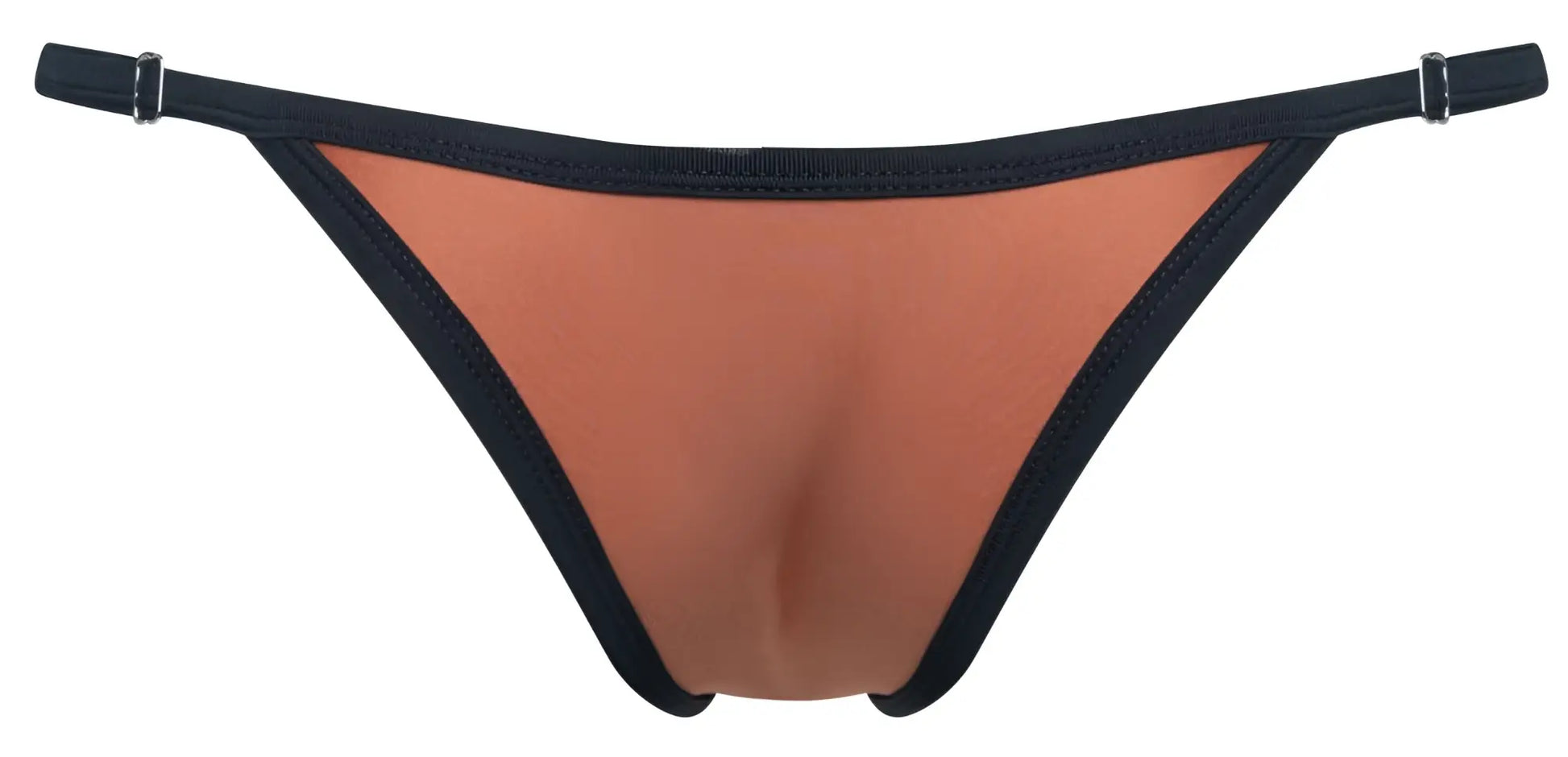 Justin+Simon XSJ12 bikini thong in black and copper with smooth stretchy fabric finish shown from the back