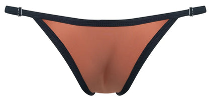 Justin+Simon XSJ12 bikini thong in black and copper with smooth stretchy fabric finish shown from the back