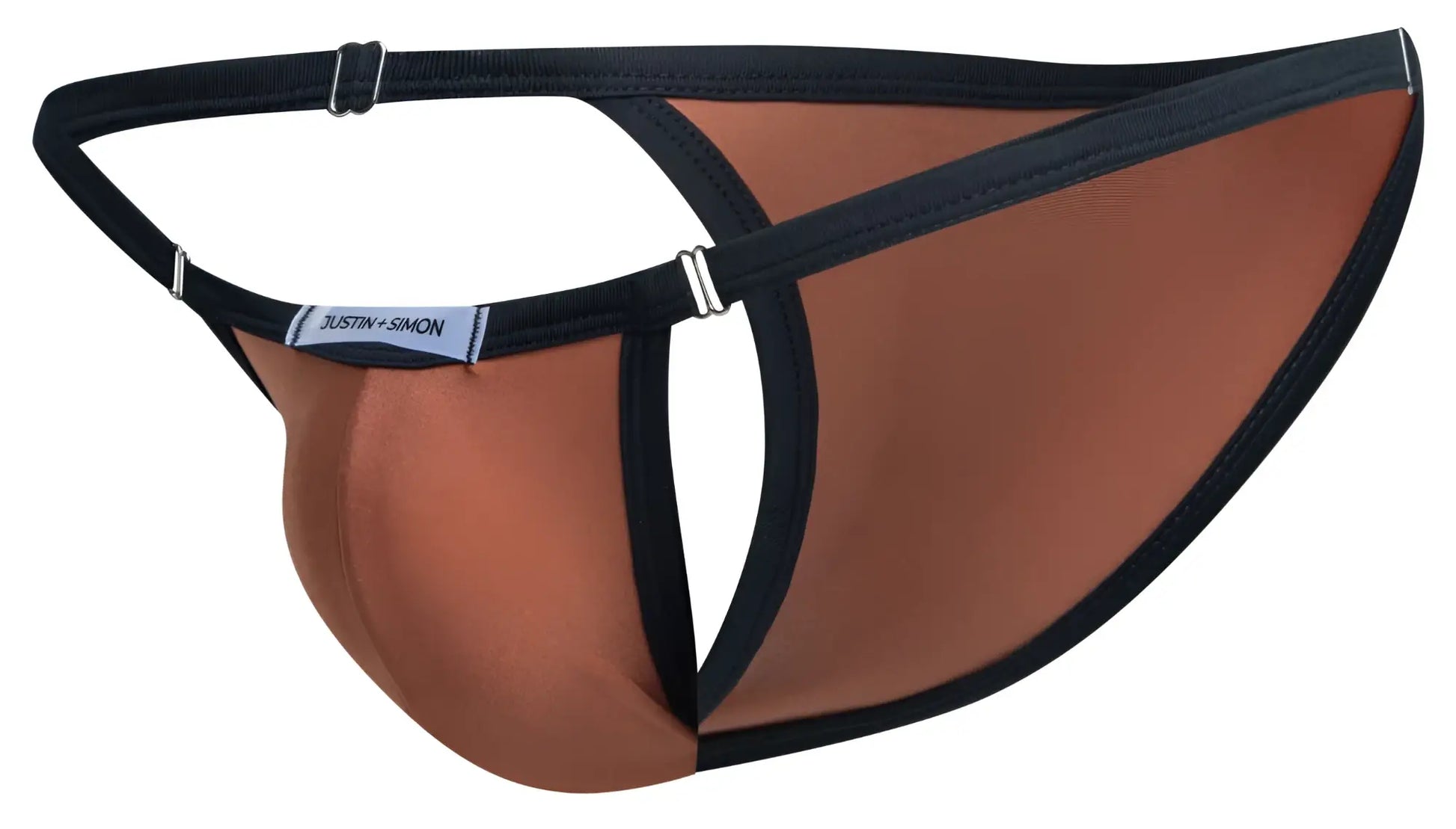 Brown and black justin simon men’s briefs with contoured design in ochre bikini style front view
