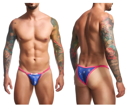 Justin+Simon xsj12 bikini briefs in blue and pink with decorative pattern for colorful party wear