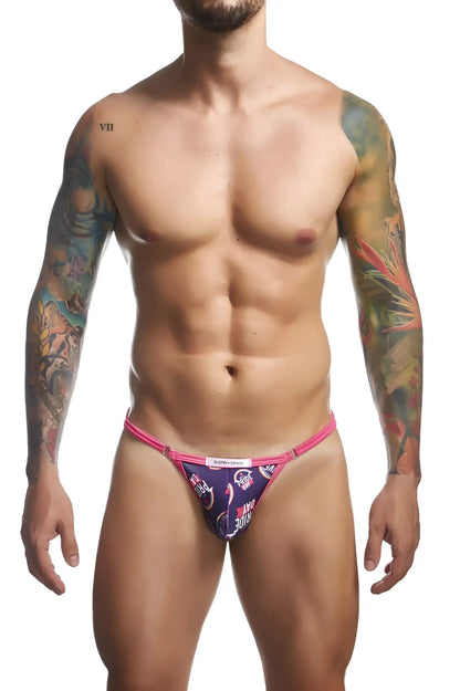 Vibrant pink and navy blue patterned men’s briefs with bold graphic design from justin+simon xsj12 bikini color pride collection