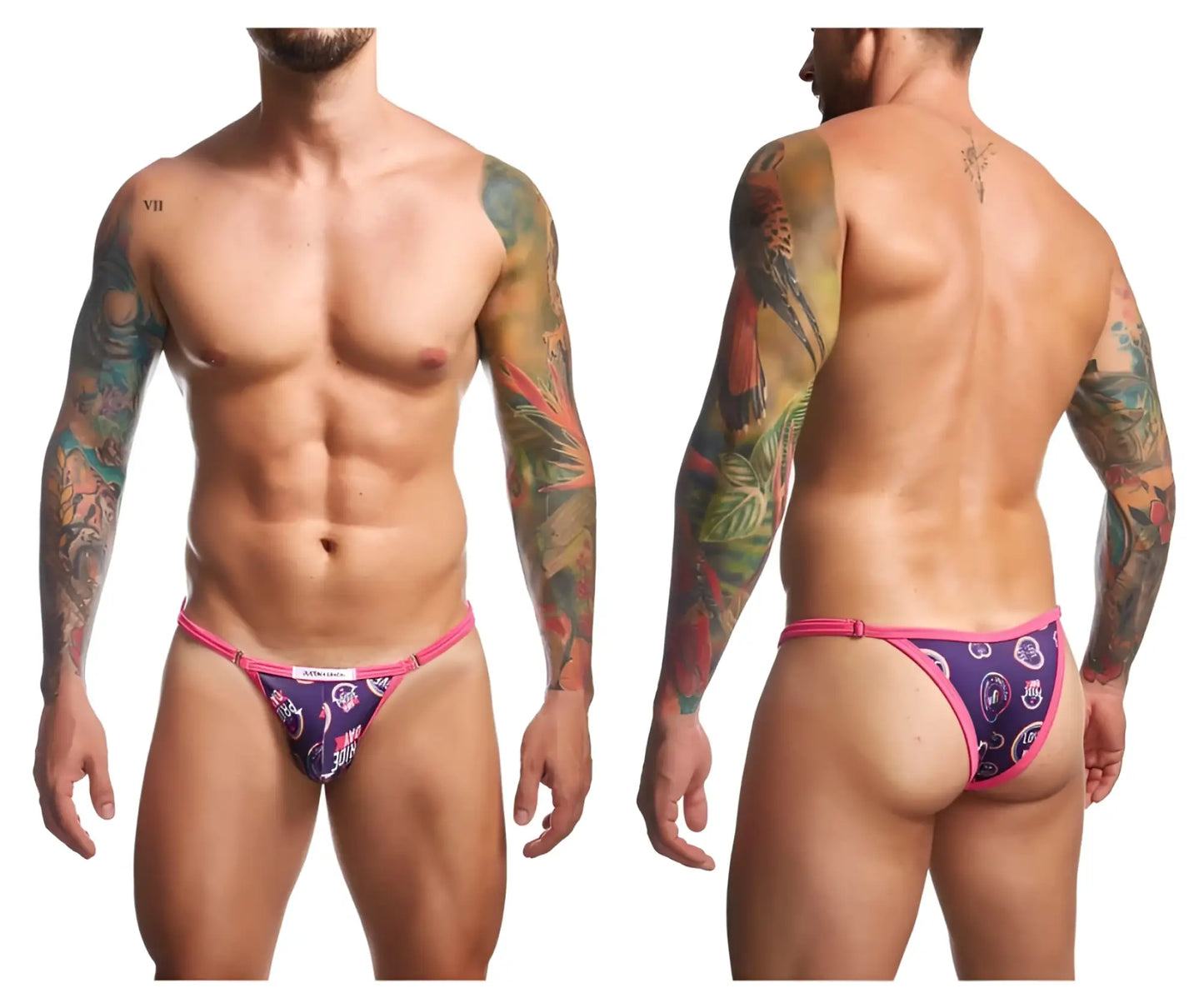 Justin simon xsj12 bikini color pride briefs in vibrant pink and purple with a bold tropical bird pattern