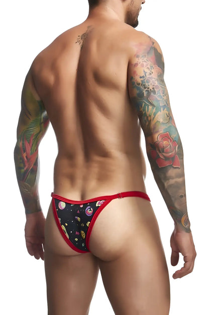 Black thong bikini with red trim and cosmic pattern featuring planets stars and cartoon faces by Justin Simon