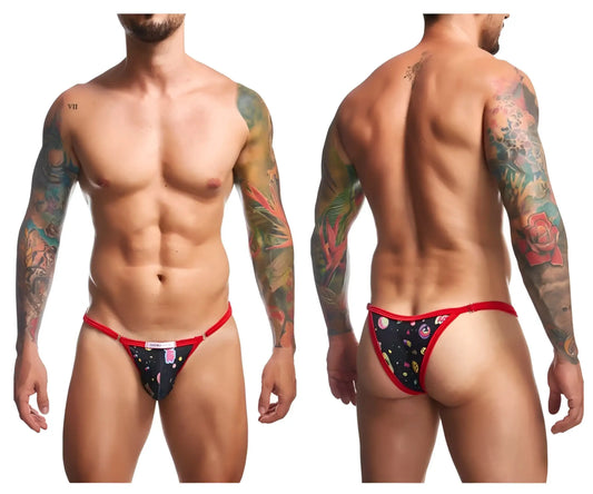 Red-trimmed black patterned men’s thong with colorful floral and fruit motifs from Justin Simon XSJ12 Bikini Psycodelic collection