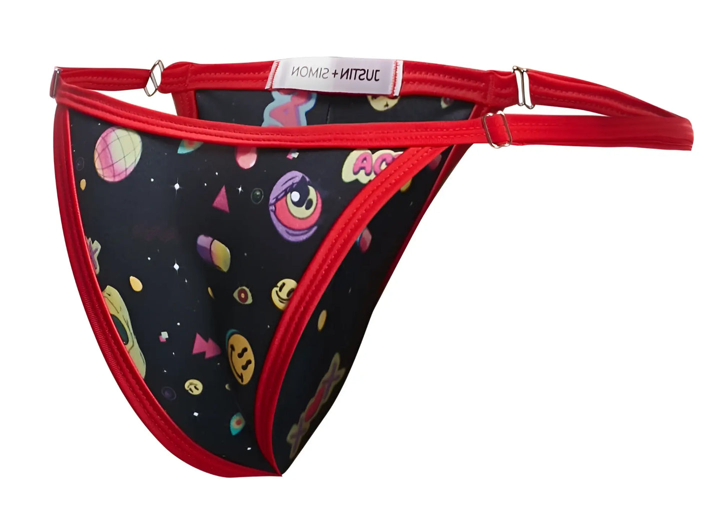Justin plus simon xsj12 bikini black thong with red trim and playful space themed planets eyes and smiley faces print