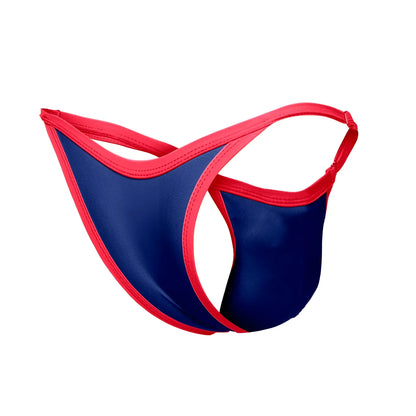 Navy blue and red thong bikini with a sleek form-fitting design from JUSTIN SIMON XSJ12 in royal blue color