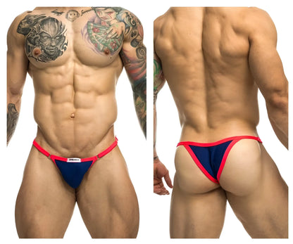 Navy blue and red thong bikini with a small white brand tag by JUSTIN+SIMON in royal blue color