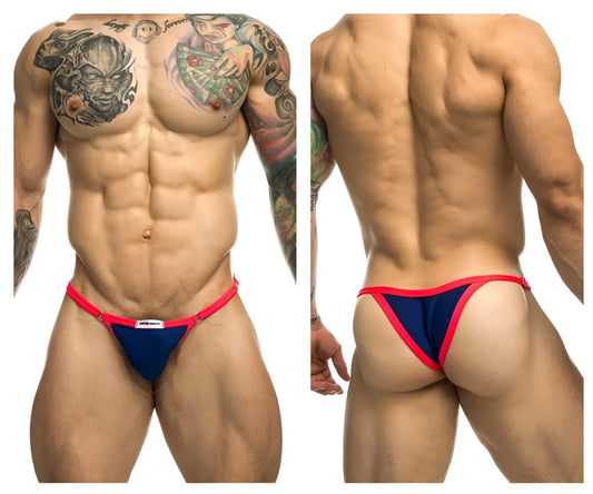 Navy blue and red thong bikini with a small white brand tag by JUSTIN+SIMON in royal blue color