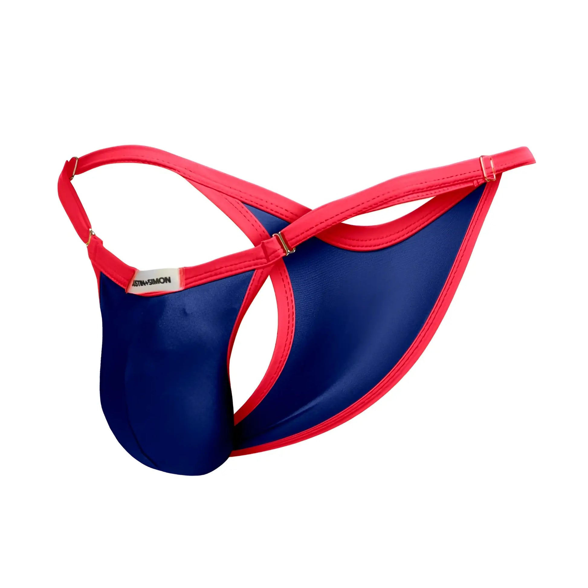 Blue and red thong bikini with shiny smooth material from justin simon xsj12 royal blue collection